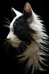 Sticker - AI generated illustration of a black and white cat stands on a black background