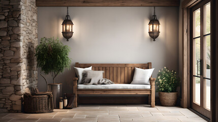 Wall Mural - Cozy interior design of modern rustic entrance hall with door in farmhouse. Hallway with timber beam ceiling