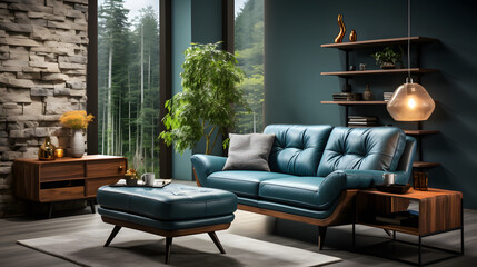 Wall Mural - Dark blue sofa and recliner chair in scandinavian apartment. Interior design of modern living room