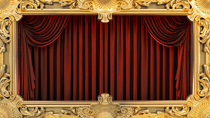 Wall Mural - 3d render of golden frame on a red curtain background,