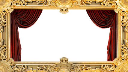 Wall Mural - 3D render of golden frame on a red curtain background,
