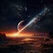 a comet rising against a planet 