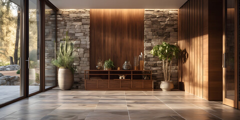 Wall Mural - Hallway with stone tiled floor and wooden lining paneling walls. Rustic home interior design of modern entrance hall with glass door