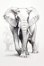 Sketch Of An Elephant In A Line Art Hand Drawn Style