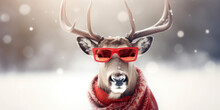 Funny Portrait Of A Reindeer With Sunglasses And Red Scarf In Winter