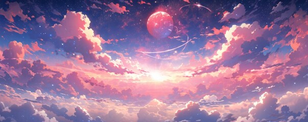 Wall Mural - Colorful Starry Sky with Sunset Background in Anime Style