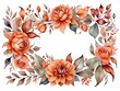 Autumn flower border with dahlia, rose and eucalyptus leaves. Burnt orange flowers, clay foliage. Watercolor illustration.
