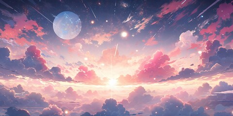 Wall Mural - Colorful Starry Sky with Sunset Background in Anime Style