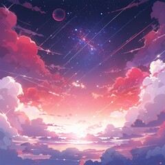 Wall Mural - Colorful Starry Sky with Sunset Background in Anime Style