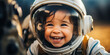 Girl in astronaut suit pretending to walk on moon indoors.