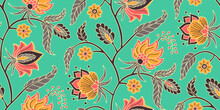 Seamless Pattern With Stylised Indian Style Flowers And Leaves On A Stem. Hand Drawn Floral Repeat Background