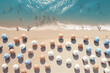 Aerial top view shot of beach umbrellas and people swimming in the sea. people on hot sunny day. People relax, sunbathe and swim in the sea. Ocean beach with people coastline view. Generative AI