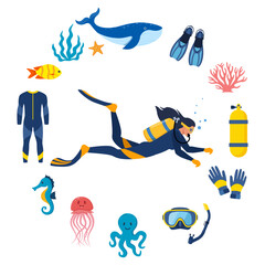 Diving and underwater world, set of elements. Diver with aqualung oxygen cylinders and flippers, mask, tube, marine life elements. Starfish, octopus, jellyfish, corals, algae. Vector illustration.