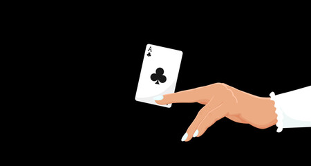 Wall Mural - Playing poker card in woman hand. Clubs ace. Gambling in royal casino, lucky entertainment, play blackjack game. Concept of winner, jackpot. Dark background. Vector illustration