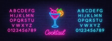 Cocktail Neon Sign On Brick Wall Background. Pink And Blue Neon Alphabets.