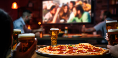 Wall Mural - Pizza, Beer, and a Movie: Friends Savoring a Bite while Watching TV - A Fun Social Gathering with Delicious Treats.

