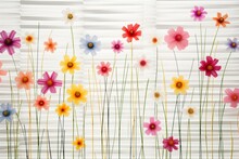 White Paper Background With Patterned Bamboo Blinds And Colorful Cosmos Petals. Generative AI
