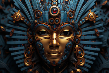 Poster - A complex, multi-layered pattern of interlocking shapes that resembles a Pharaoh face.  