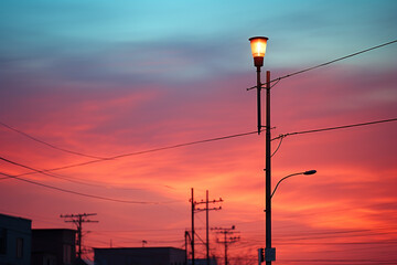 Poster - A captivating photograph of a light pole standing tall against the backdrop of a vivid sunset.  