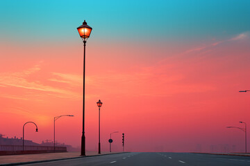 Poster - A captivating photograph of a light pole standing tall against the backdrop of a vivid sunset.  