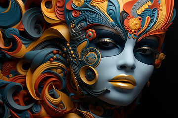 Leinwandbilder - A digital artwork featuring an abstract geometric mask composed of intricate patterns and shapes.  