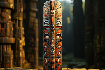 Poster - An illustration depicting a Native American totem pole, showcasing the intricate carvings and symbolic representations of animals, ancestors, 