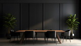 Fototapeta Tematy - Interior of modern dining room, dining table and wooden chairs in room with black panelling wall