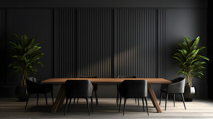 Wall Mural - Interior of modern dining room, dining table and wooden chairs in room with black panelling wall