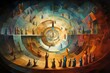 A composition with a circular arrangement of abstract human figures, each one holding a unique tool or symbol of creation, illustrating the collective power of creativity and imagination.