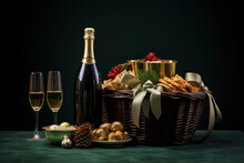 Christmas Gift Hamper With Bottle Of Sparkling Wine, Cookies , Fir Branches And Golden Balls.