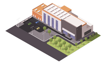 City mall building architecture. Modern supermarket. Commercial retail business construction. Facade exterior with parking zone. Private property. Town city center. Isometric vector illustration