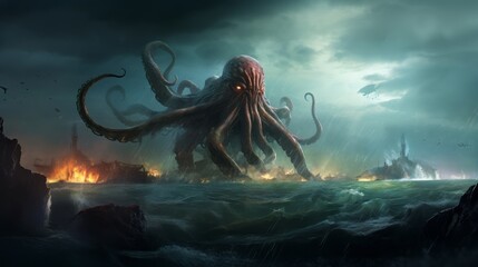 Wall Mural - Mysterious monster Cthulhu in the sea, attack boat huge tentacles sticking out of the water, landscape