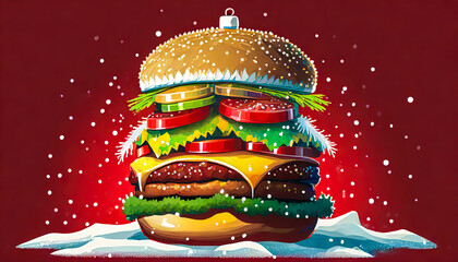 christmas burger on a red background isolated.