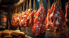 Smoked Pork. Traditional Method Of Smoking Meat In Smok In A Homemade Smokehouse.