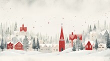 Scandinavian Christmas Card. Folk Art Illustration Of A Decorated Festive European Town