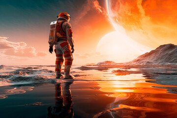 Wall Mural - rear view astronaut walking on mars with planets in the background