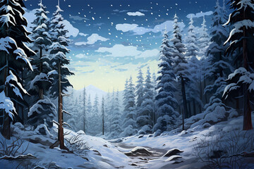 Wall Mural - illustration of a view of a pine forest covered in snow