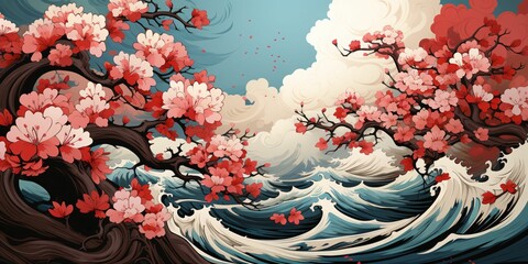 Beautiful Flower and Wave Background with Hokusai Art Style