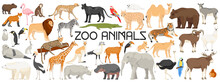 Collection Of Zoo Animals. Set Of Capybara,flamingo, Lion, Elephant, Giraffe, Cheetah, Bear, Tiger, Rhino, Hippo, Penguin, Seal, Parrot, Goat, Lama. Isolated On White Background. Vector Illustration