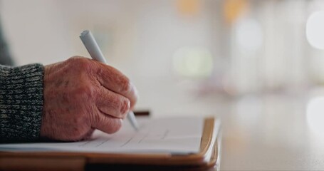 Wall Mural - Elderly man, hands and writing on paperwork for retirement plan, legal agreement or application at home. Closeup of senior male person signing documents, form or finance for investment at house