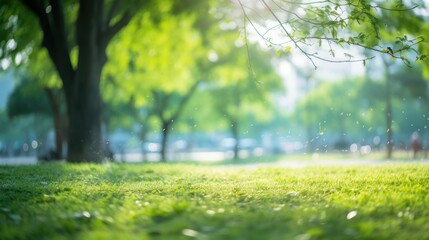 A blurred park garden with trees in a natural setting, with soft green bokeh lights outdoors in the summer.