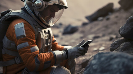 Canvas Print - An astronaut on an alien planet holds a mobile phone in his hands