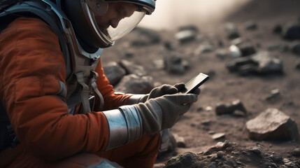 Canvas Print - An astronaut on an alien planet holds a mobile phone in his hands