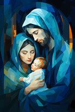Cubist Painting Of Saint Mary And Saint Joseph Holding Their Little Baby Jesus Of Nazareth