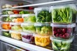 vegetables separated in clear plastic containers in a fridge