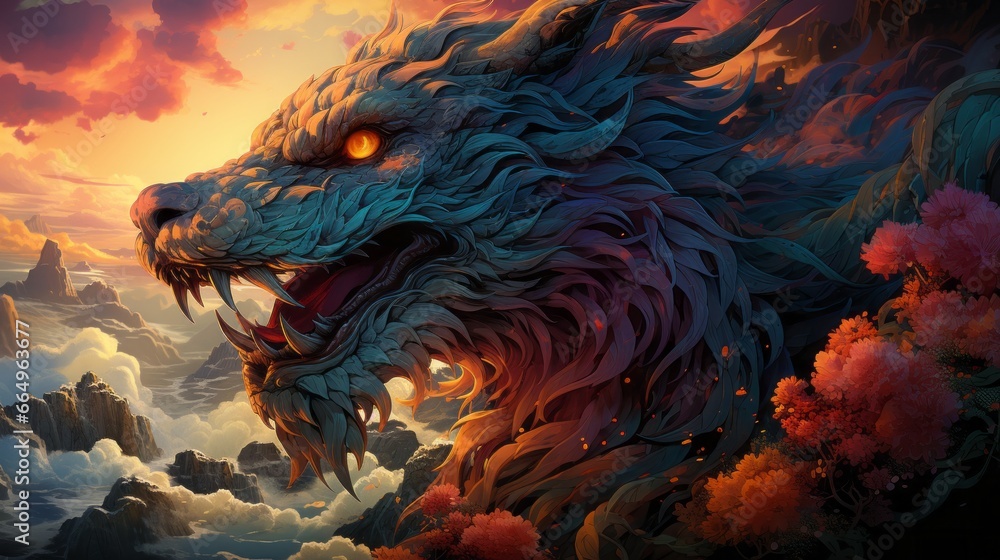 Amidst a vibrant sunset, a majestic dragon emerges from a sea of clouds ...