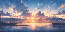Beautiful Harbor With Blue Sky And Sunset View In Japanese Anime Style