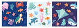 Fototapeta Pokój dzieciecy - Cartoon colorful seamless pattern with sea animals. Vector illustrator illustration pattern.