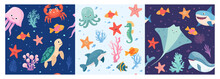 Cartoon Colorful Seamless Pattern With Sea Animals. Vector Illustrator Illustration Pattern.