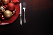 Christmas Food Background. Festive Table Setting with White Plates, Red Cutlery, and Holiday Decorations